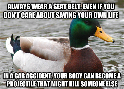 Always wear a seat belt, even if you don't care about saving your own life In a car accident, your body can become a projectile that might kill someone else - Always wear a seat belt, even if you don't care about saving your own life In a car accident, your body can become a projectile that might kill someone else  Actual Advice Mallard