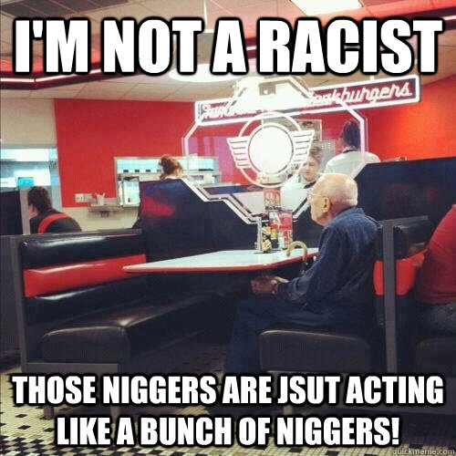 I'm not a racist those niggers are jsut acting like a bunch of niggers! - I'm not a racist those niggers are jsut acting like a bunch of niggers!  Misunderstood Senior Citizen