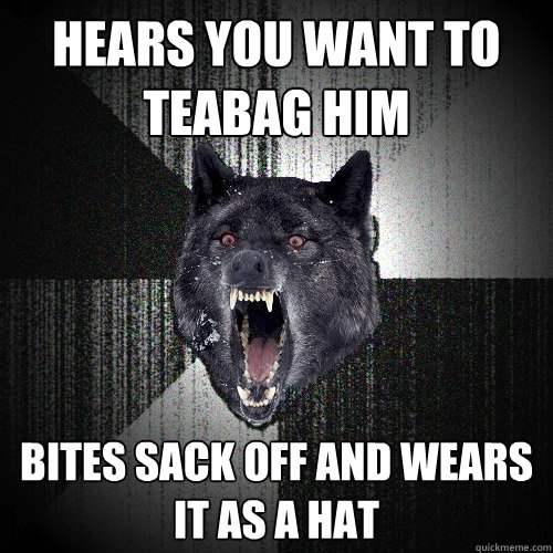 HEARS YOU WANT TO TEABAG HIM BITES SACK OFF AND WEARS IT AS A HAT  Insanity Wolf