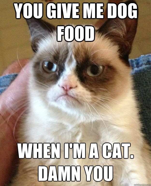 You give me dog food WHEN I'M A CAT.
Damn you  Grumpy Cat