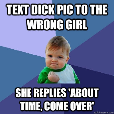 text dick pic to the wrong girl she replies 'about time, come over'  Success Kid