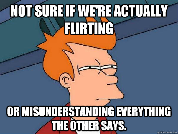 Not sure if we're actually flirting Or misunderstanding everything the other says. - Not sure if we're actually flirting Or misunderstanding everything the other says.  Futurama Fry