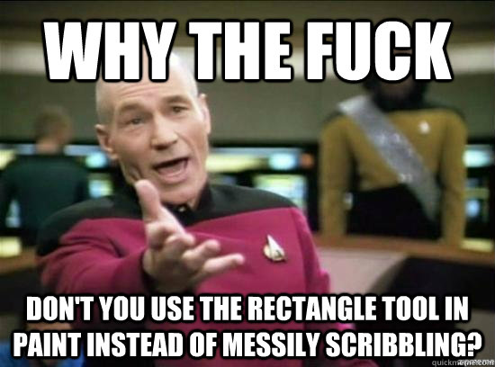 Why the fuck don't you use the rectangle tool in paint instead of messily scribbling?  Annoyed Picard HD