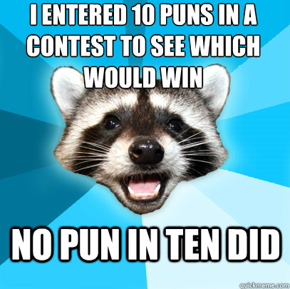 I entered 10 puns in a contest to see which would win No pun in ten did  Lame Pun Coon