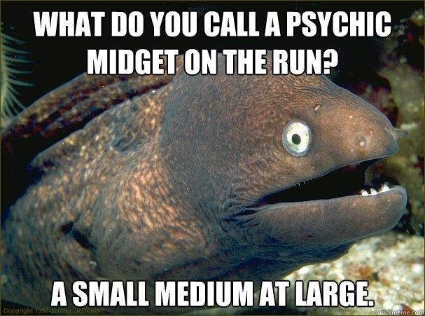 what do you call a psychic midget on the run? a small medium at large.  Bad Joke Eel
