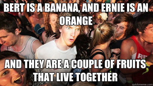 Bert is a banana, and Ernie is an orange
 And they are a couple of fruits that live together  Sudden Clarity Clarence