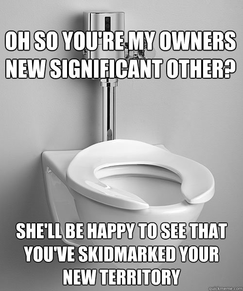 oh so you're my owners new significant other? she'll be happy to see that you've skidmarked your new territory - oh so you're my owners new significant other? she'll be happy to see that you've skidmarked your new territory  Scumbag Toilet