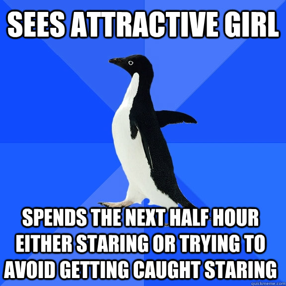 sees attractive girl spends the next half hour either staring or trying to avoid getting caught staring  Socially Awkward Penguin