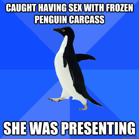 caught having sex with frozen penguin carcass she was presenting  Socially Awkward Penguin