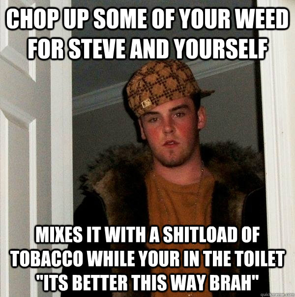 chop up some of your weed for steve and yourself mixes it with a shitload of tobacco while your in the toilet 