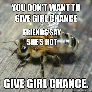 You don't want to give girl chance Give girl chance. Friends say she's hot  Hivemind bee