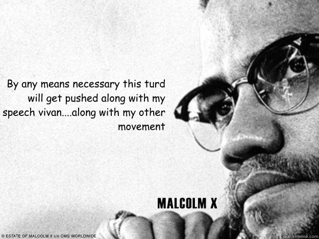 By any means necessary this turd will get pushed along with my speech vivan....along with my other movement   Malcolm X