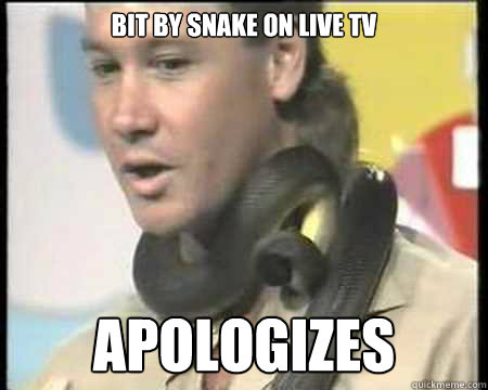 Bit by snake on live tv apologizes  Good Guy Steve Irwin