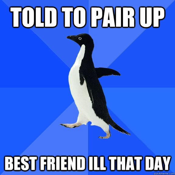 Told to pair up Best friend Ill that day  Socially Awkward Penguin