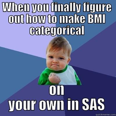 WHEN YOU FINALLY FIGURE OUT HOW TO MAKE BMI CATEGORICAL ON YOUR OWN IN SAS Success Kid