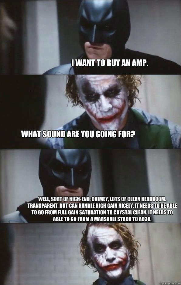 I want to buy an amp.  What sound are you going for?  Well, sort of high-end, chimey, lots of clean headroom. Transparent, but can handle high gain nicely. It needs to be able to go from full gain saturation to crystal clean. It needs to able to go from a  Batman Panel