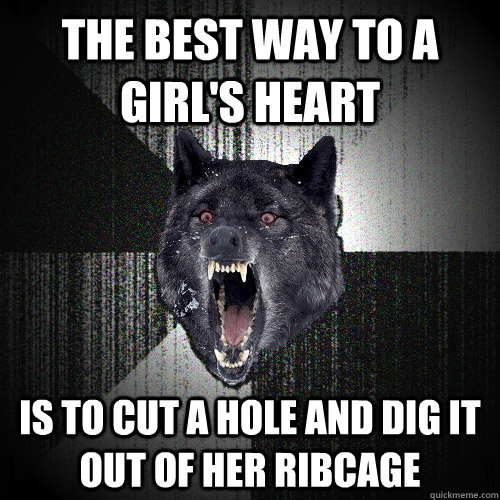 the best way to a girl's heart is to cut a hole and dig it out of her ribcage  Insanity Wolf