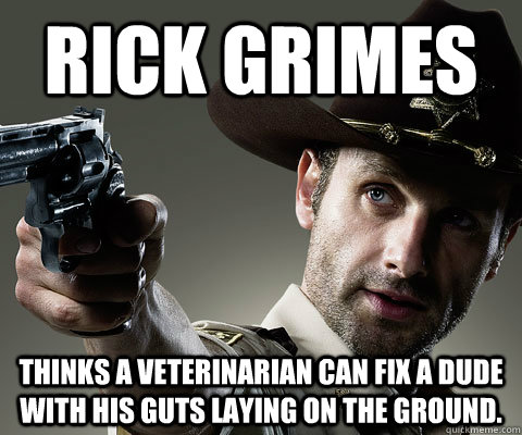 Rick Grimes Thinks a veterinarian can fix a dude with his guts laying on the ground.   Rick Grimes Walking Dead