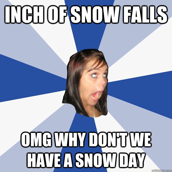 Inch of snow falls OMG why don't we have a snow day  Annoying Facebook Girl