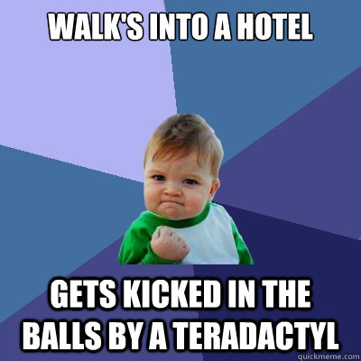 Walk's into a hotel Gets Kicked in the balls by a teradactyl  Success Kid