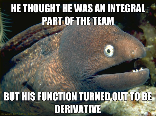 He thought he was an integral part of the team but his function turned out to be derivative  Bad Joke Eel