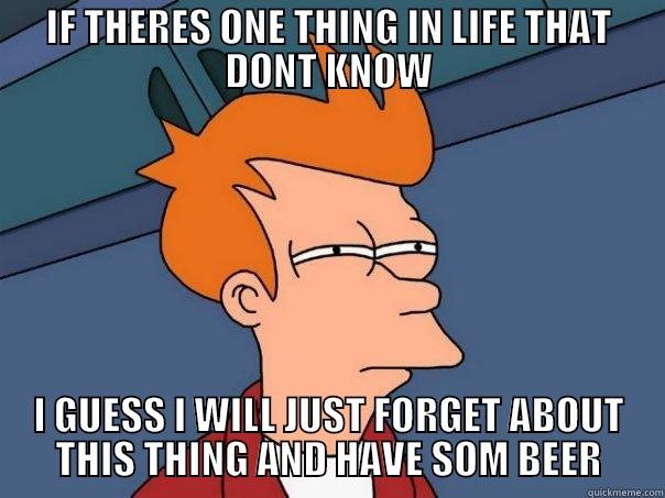 IF THERES ONE THING IN LIFE THAT DONT KNOW I GUESS I WILL JUST FORGET ABOUT THIS THING AND HAVE SOM BEER Futurama Fry