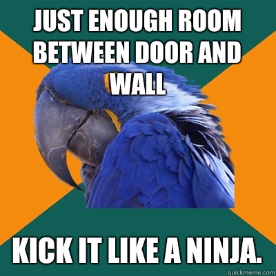 Just enough room between door and wall Kick it like a ninja.  Paranoid Parrot