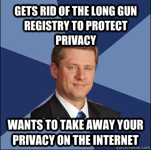 Gets rid of the long gun registry to protect privacy Wants to take away your privacy on the Internet  - Gets rid of the long gun registry to protect privacy Wants to take away your privacy on the Internet   Harper Government