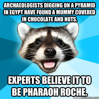 Archaeologists digging on a Pyramid in Egypt have found a mummy covered in chocolate and nuts.  Experts believe it to be Pharaoh Roche.   Lame Pun Raccoon