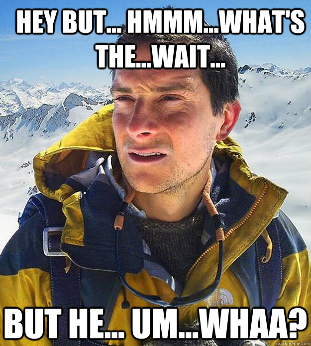 hey but... hmmm...what's the...wait... but he... um...Whaa?  Best size bear grylls meme