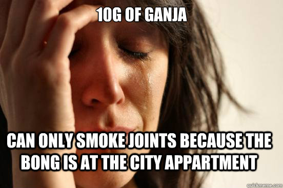 10g of ganja Can only smoke joints because the bong is at the city appartment  First World Problems