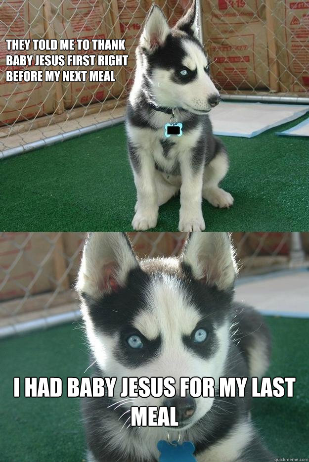 They told me to thank
Baby Jesus first right 
before my next meal I had Baby Jesus for my last meal  Insanity puppy