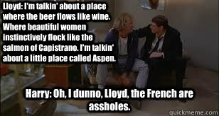 Lloyd: I'm talkin' about a place where the beer flows like wine. Where beautiful women instinctively flock like the salmon of Capistrano. I'm talkin' about a little place called Aspen.  Harry: Oh, I dunno, Lloyd, the French are assholes.   Dumb and Dumber