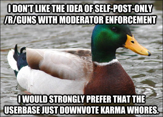 I don't like the idea of self-post-only /r/guns with moderator enforcement I would strongly prefer that the userbase just downvote karma whores.  Actual Advice Mallard