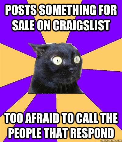 posts something for sale on craigslist too afraid to call the people that respond  Anxiety Cat