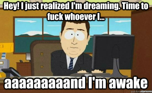 Hey! I just realized I'm dreaming. Time to fuck whoever I... aaaaaaaaand I'm awake  anditsgone