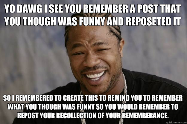 YO DAWG I See you remember a post that you though was funny and reposeted it so I remembered to create this to remind you to remember what you though was funny so you would remember to repost your recollection of your rememberance.  Xzibit meme