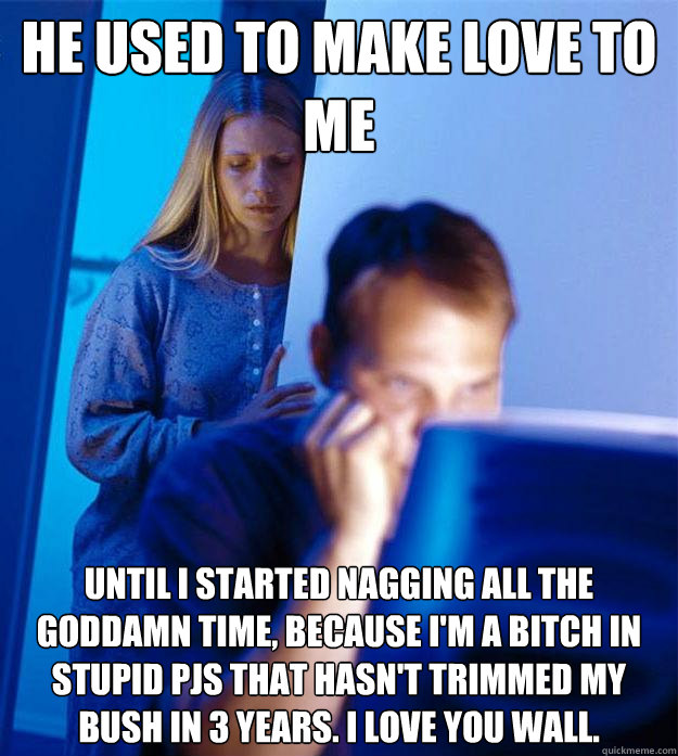 he used to make love to me until i started nagging all the goddamn time, because i'm a bitch in stupid pjs that hasn't trimmed my bush in 3 years. i love you wall.  Redditors Wife
