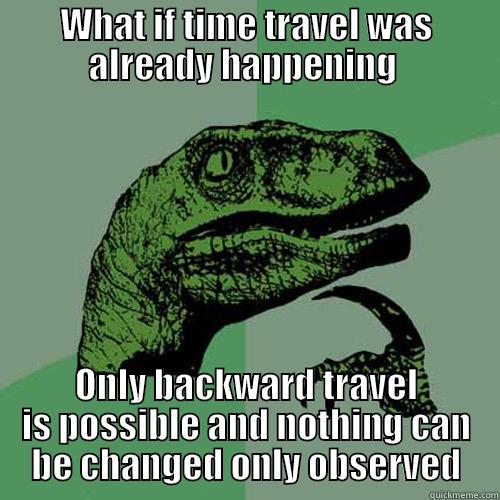 WHAT IF TIME TRAVEL WAS ALREADY HAPPENING  ONLY BACKWARD TRAVEL IS POSSIBLE AND NOTHING CAN BE CHANGED ONLY OBSERVED Philosoraptor