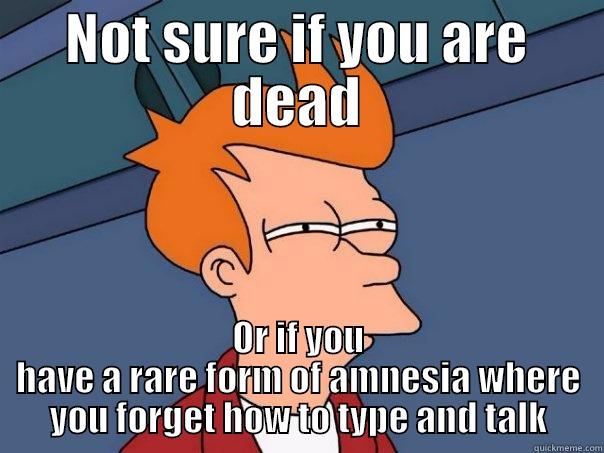 NOT SURE IF YOU ARE DEAD OR IF YOU HAVE A RARE FORM OF AMNESIA WHERE YOU FORGET HOW TO TYPE AND TALK Futurama Fry