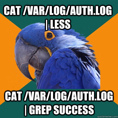 cat /var/log/auth.log | less cat /var/log/auth.log | grep success  Paranoid Parrot