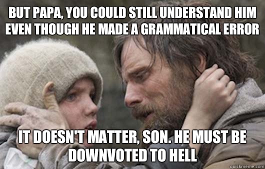 But papa, you could still understand him even though he made a grammatical error It doesn't matter, son. He must be downvoted to hell  Viggo Explains Reddit