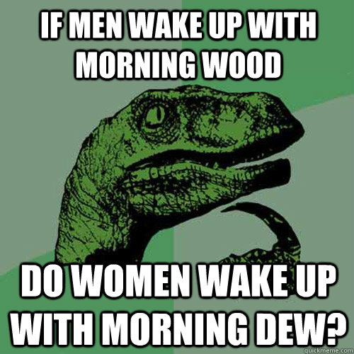 If men wake up with morning wood Do women wake up with morning dew? - If men wake up with morning wood Do women wake up with morning dew?  Philosoraptor