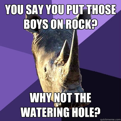 You say you put those boys on rock? why not the  watering hole?  Sexually Oblivious Rhino