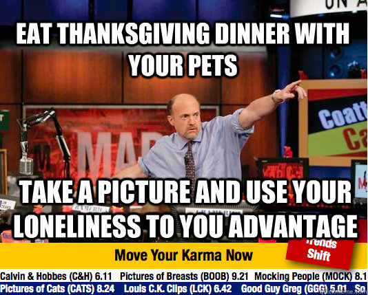 Eat Thanksgiving dinner with your pets Take a picture and use your loneliness to you advantage  Mad Karma with Jim Cramer