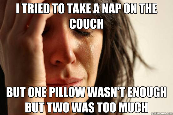 I tried to take a nap on the couch but one pillow wasn't enough but two was too much  First World Problems