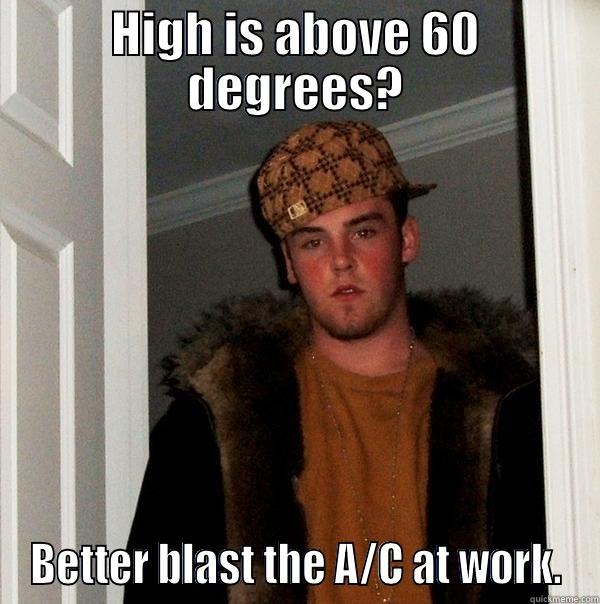 HIGH IS ABOVE 60 DEGREES? BETTER BLAST THE A/C AT WORK. Scumbag Steve