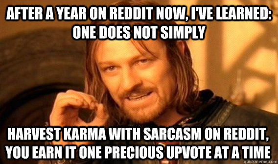 After a year on reddit now, i've learned: ONE DOES NOT SIMPLY harvest karma with sarcasm on reddit, you earn it one precious upvote at a time   One Does Not Simply