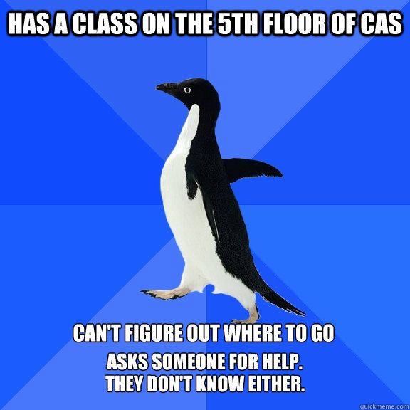 Has a class on the 5th floor of CAS Can't figure out where to go Asks someone for help. They don't know either.  Socially Awkward Penguin