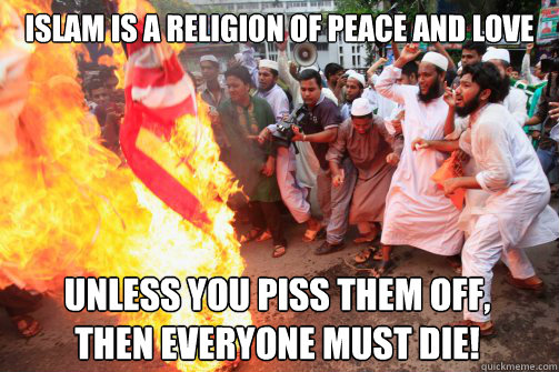Islam is a Religion of peace and love unless you piss them off,
Then everyone must die!  Rioting Muslim
